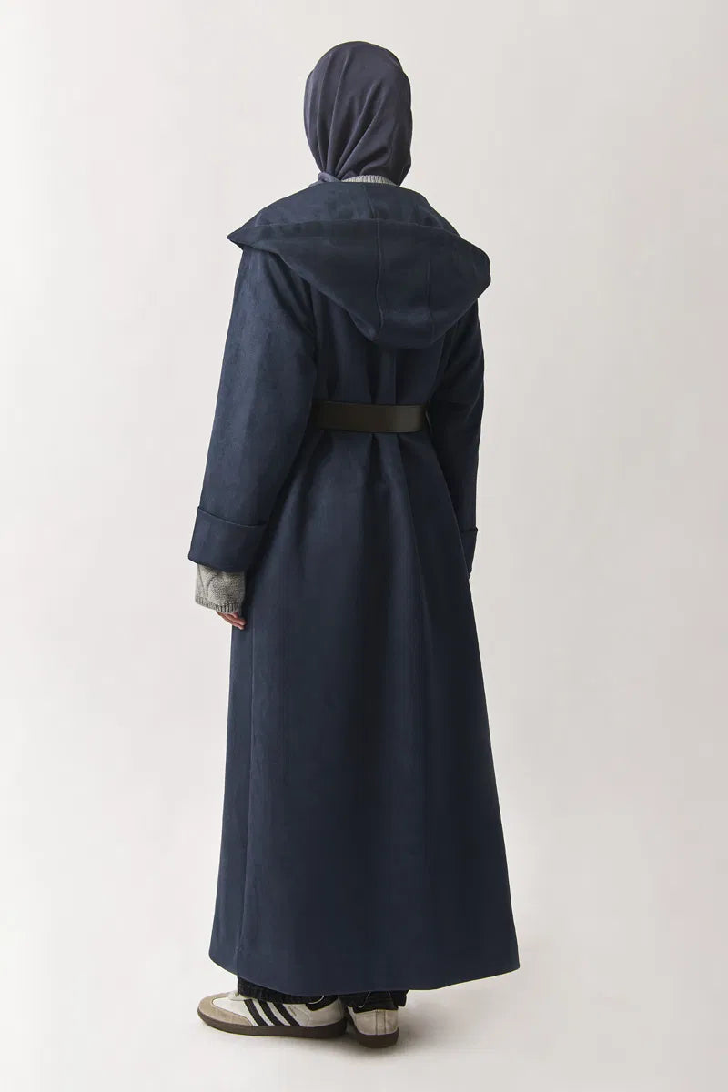 Trench-coat en suédine à capuche - bleu marine