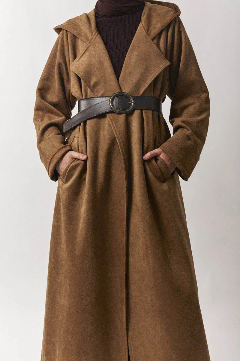 Trench-coat en suédine à capuche - Marron caramel