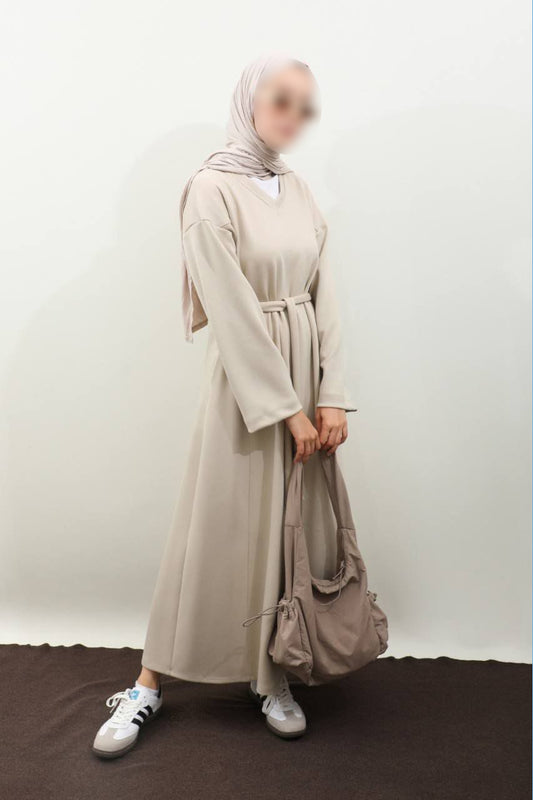 Robe sweat-shirt noire à col V - Crème