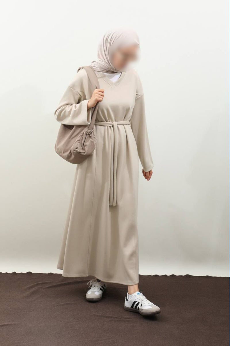 Robe sweat-shirt noire à col V - Crème