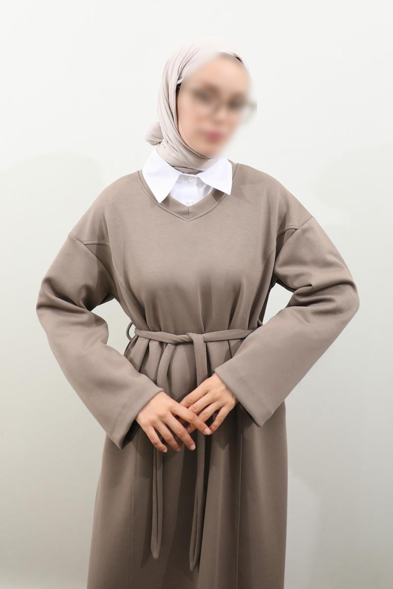 Robe sweat-shirt noire à col V - Taupe 