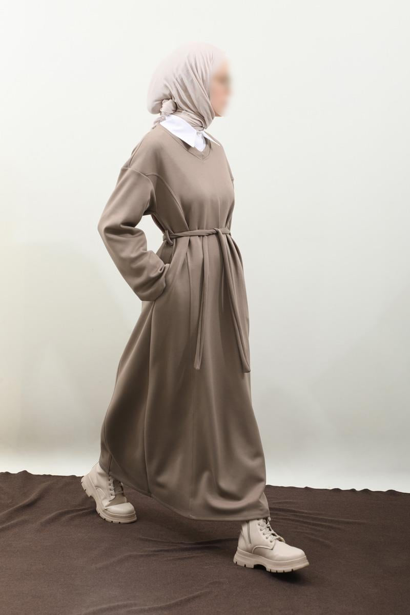 Robe sweat-shirt noire à col V - Taupe 