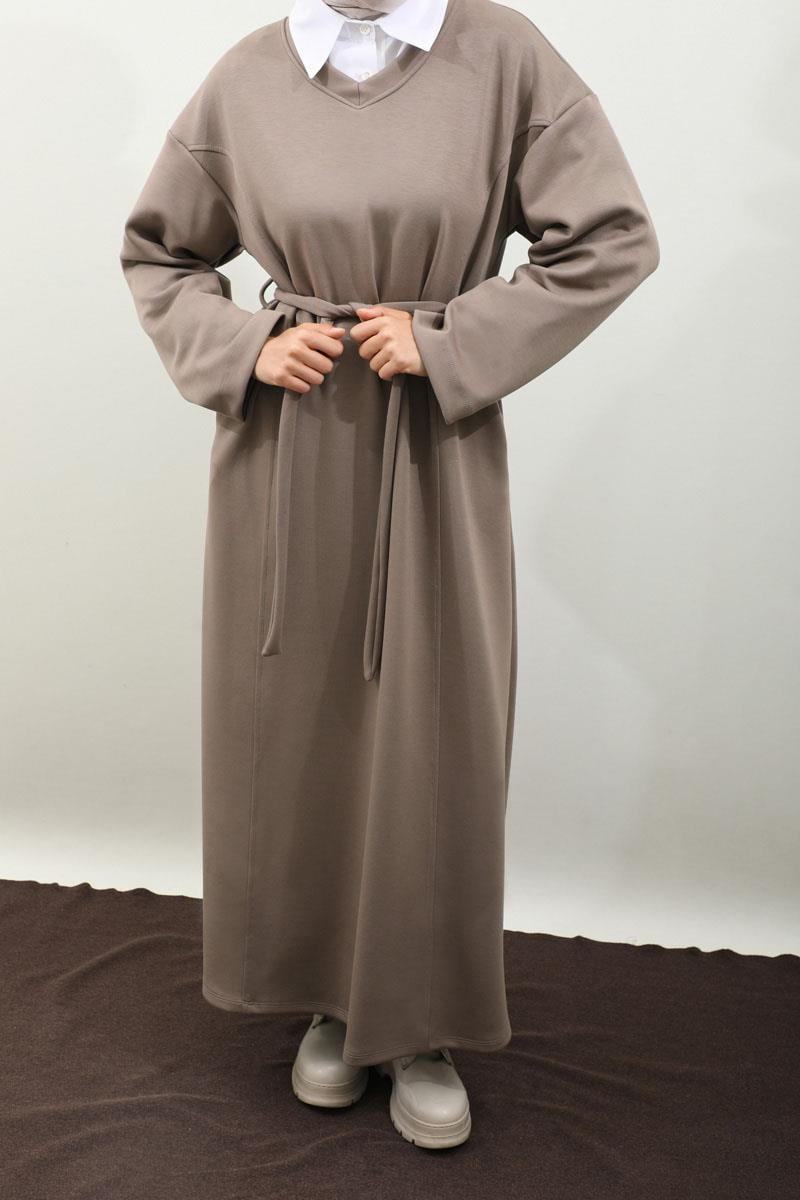 Robe sweat-shirt noire à col V - Taupe 