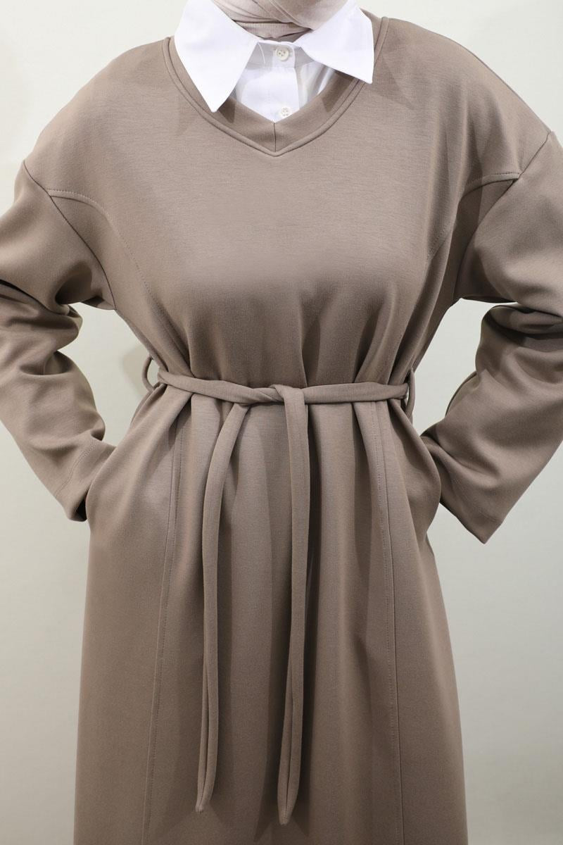Robe sweat-shirt noire à col V - Taupe 