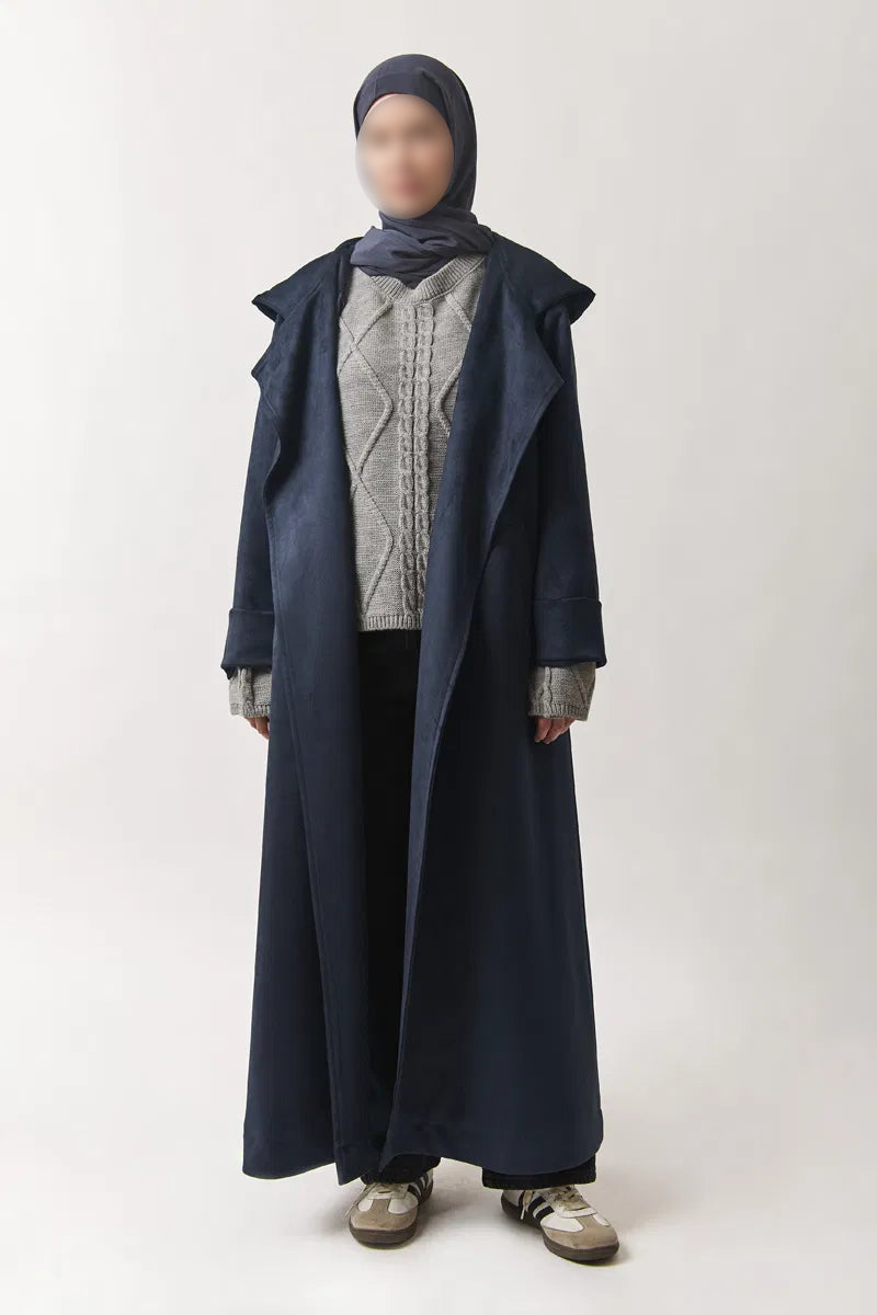 Trench-coat en suédine à capuche - bleu marine