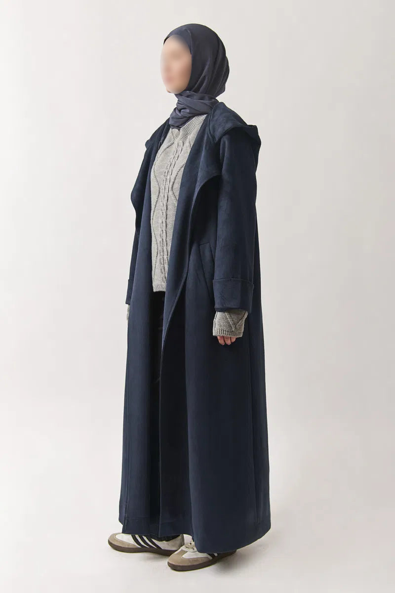 Trench-coat en suédine à capuche - bleu marine