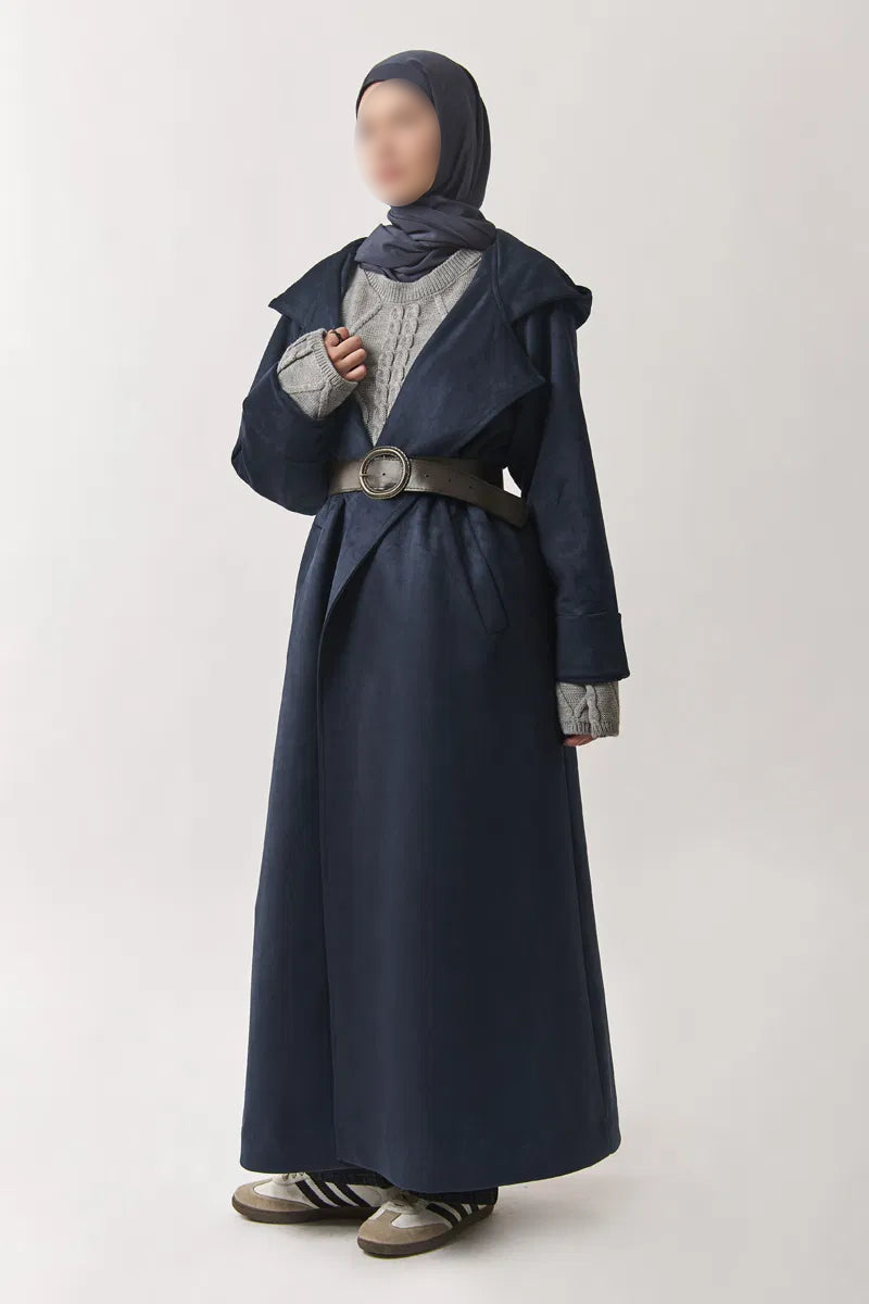 Trench-coat en suédine à capuche - bleu marine