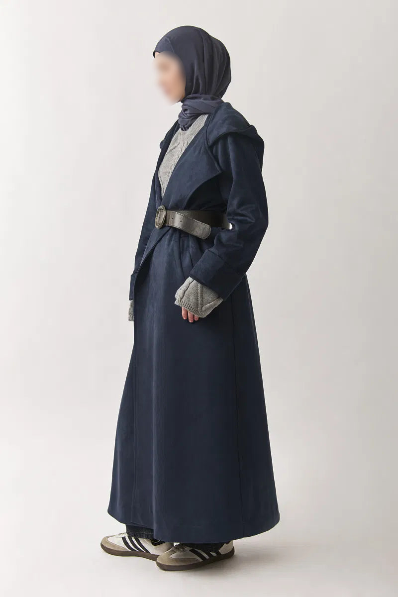 Trench-coat en suédine à capuche - bleu marine