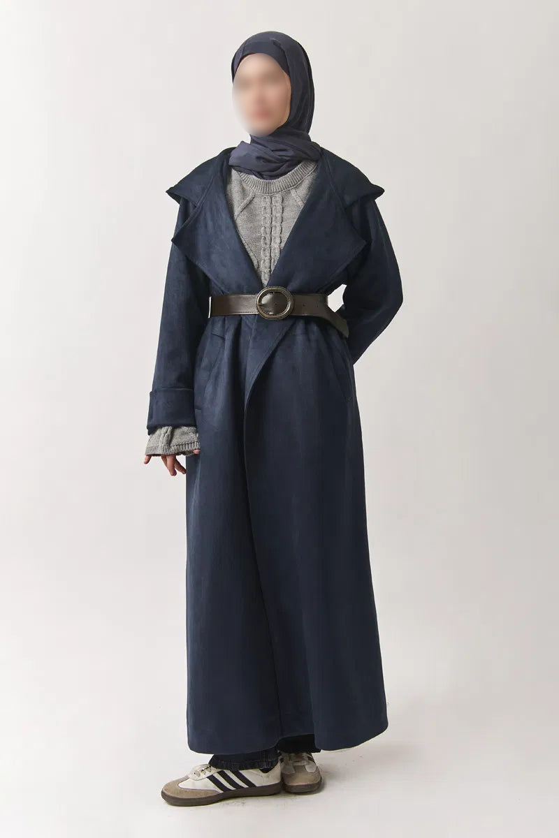 Trench-coat en suédine à capuche - bleu marine