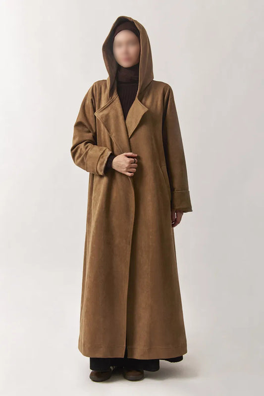 Trench-coat en suédine à capuche - Marron caramel