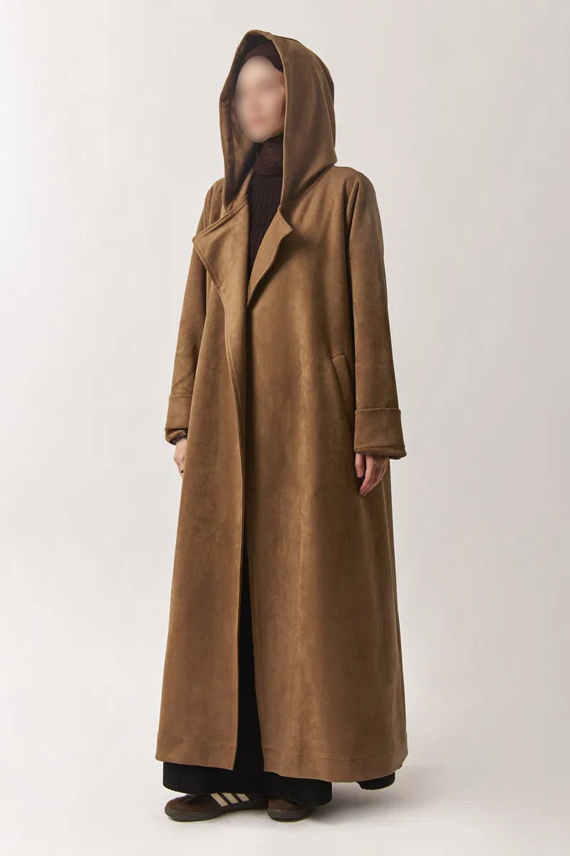 Trench-coat en suédine à capuche - Marron caramel
