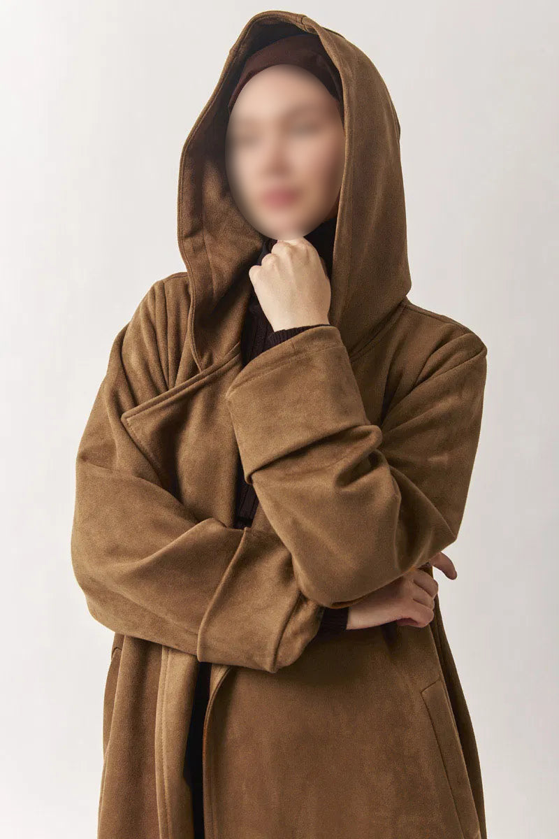 Trench-coat en suédine à capuche - Marron caramel