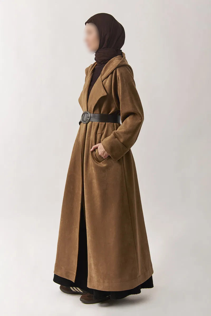 Trench-coat en suédine à capuche - Marron caramel