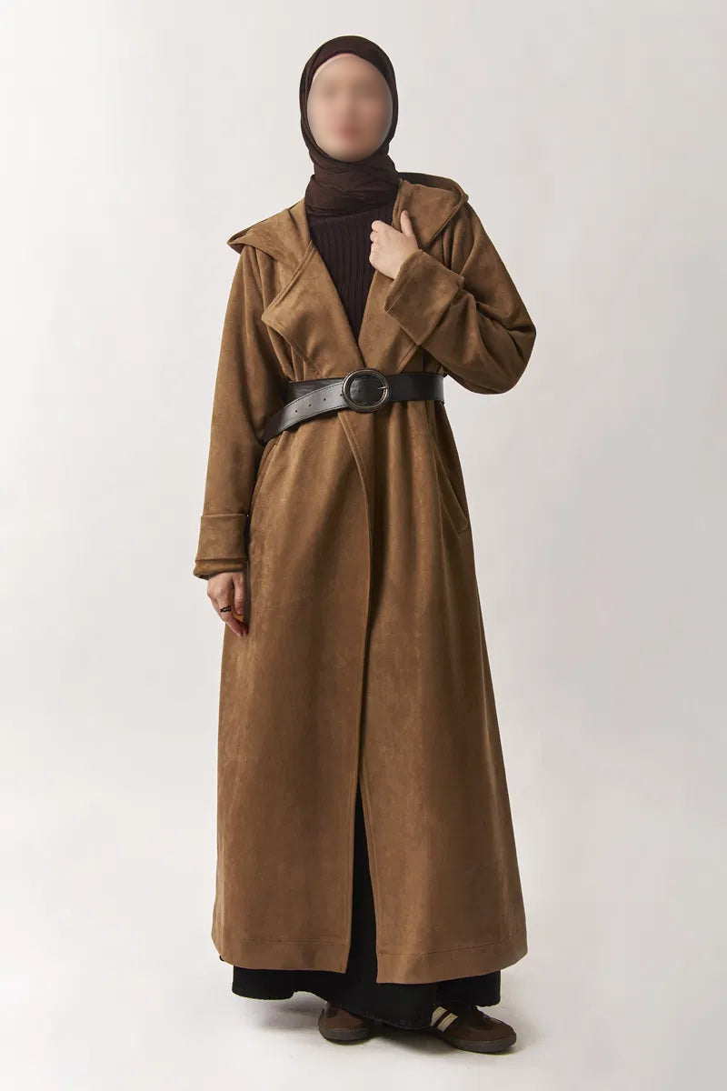 Trench-coat en suédine à capuche - Marron caramel