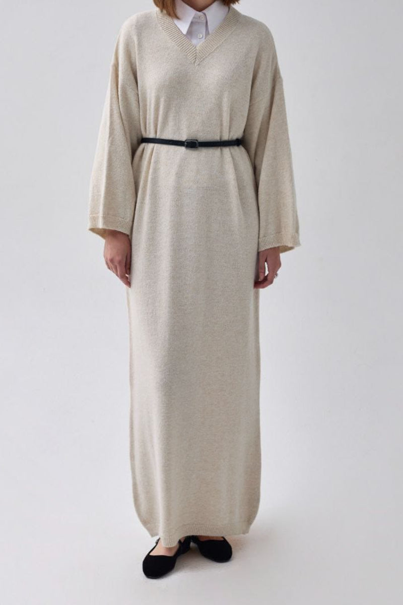 Robe en maille à col V couleur pierre