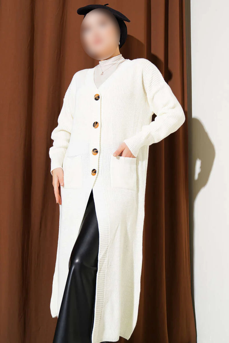 Gilet long écru à poche boutonnée