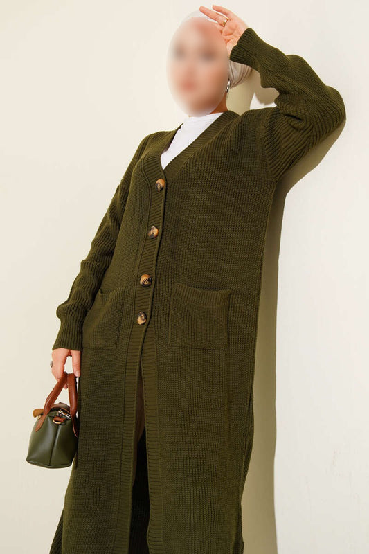 Gilet long kaki avec poche boutonnée