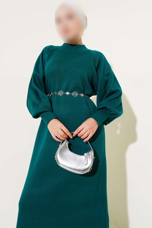 Robe verte en maille à manches bouffantes